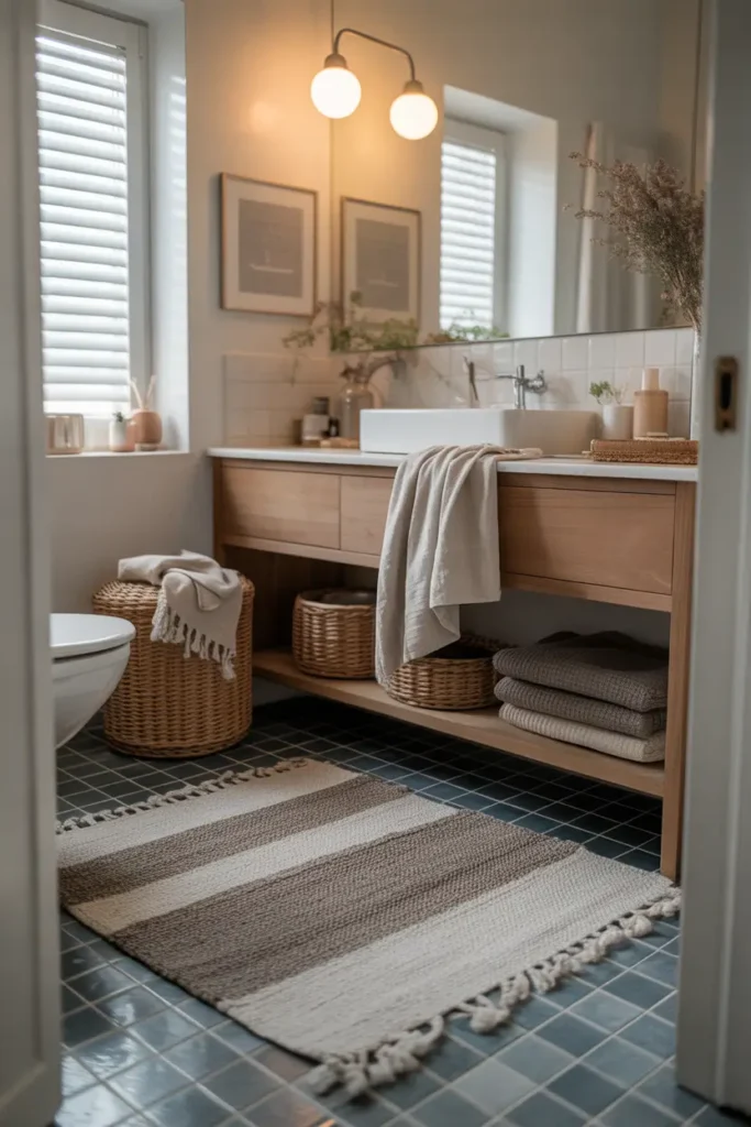 Apartment bathroom styled with layered neutral rugs on tile floor, cozy textures, warm natural lighting, modern vanity setup, soft cotton towels, realistic Pinterest interior photography, relaxed home atmosphere, clean styling with comfortable lived-in feeling, subtle color palette and inviting modern decor details.