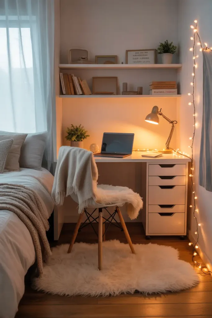 Small dorm study space with fluffy cream rug under desk chair, soft blankets layered on bed nearby, neutral desk with laptop and warm desk lamp, fairy lights along wall, small plant and books stacked neatly, warm cozy textures and soft lighting creating relaxed Pinterest style dorm study corner with calm student atmosphere.