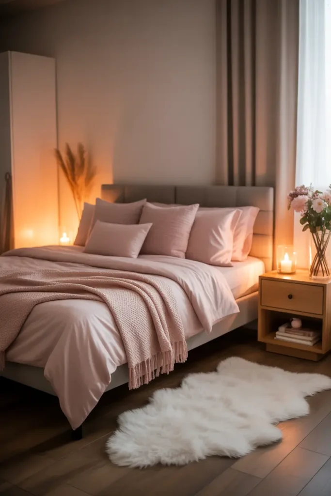 Feminine apartment bedroom with soft fluffy rug under bed, blush bedding with layered pillows, textured throw blanket across bed, warm bedside lighting glowing softly, wooden nightstand with candle and flowers, sheer curtains allowing natural light, Pinterest style bedroom interior with cozy textures and calm feminine mood.