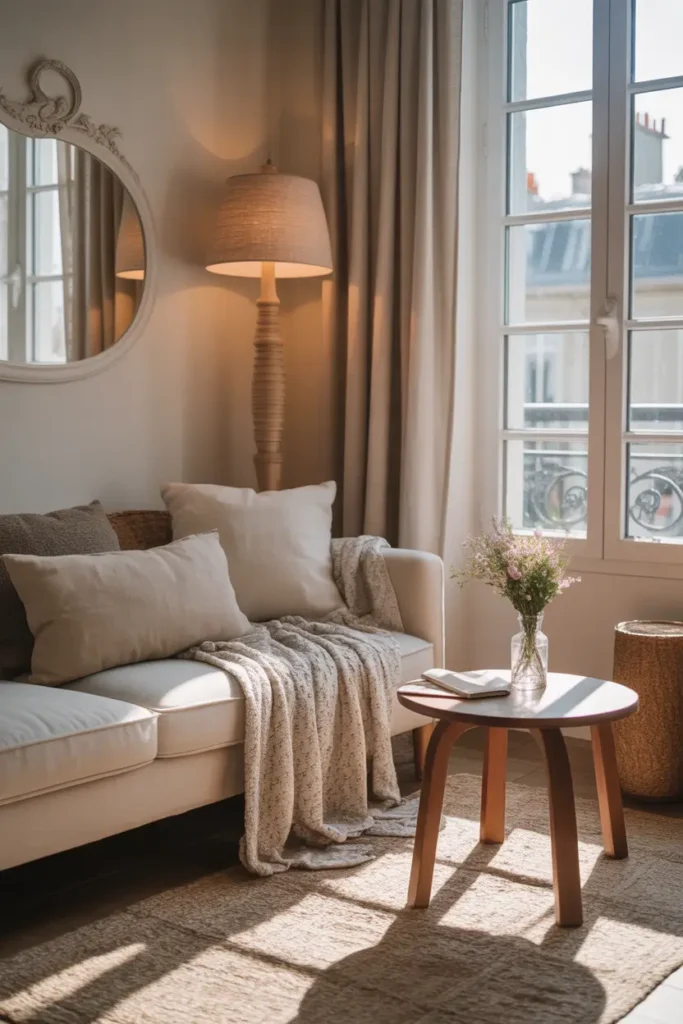 Tiny Parisian apartment living room sofa corner with linen cushions, knit blanket, small wooden coffee table, soft neutral palette, warm natural sunlight through window, romantic feminine interior atmosphere captured in Pinterest photography.