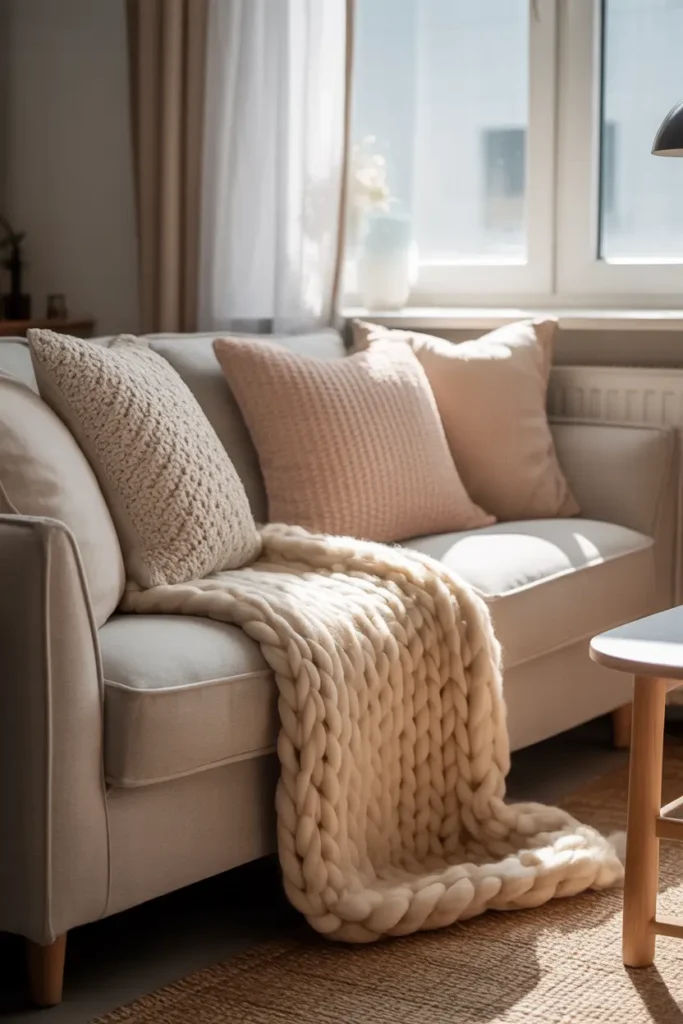 Pinterest-style living room in small apartment, cozy neutral sofa placed near bright window, chunky knit throw blanket draped across armrest, textured pillows in cream and soft beige tones, natural sunlight pouring through sheer curtains, light wood coffee table, warm rug under sofa, calm relaxing atmosphere, realistic interior photography, soft shadows, cozy modern apartment styling.