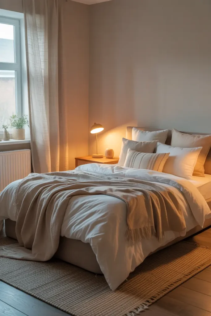 Small bedroom inside apartment over garage with soft neutral bedding, warm bedside lamp lighting, wooden nightstand, light linen curtains flowing near window, textured rug under bed, soft beige walls, Pinterest style interior photography, peaceful calming bedroom atmosphere, layered pillows and blankets creating warm restful environment