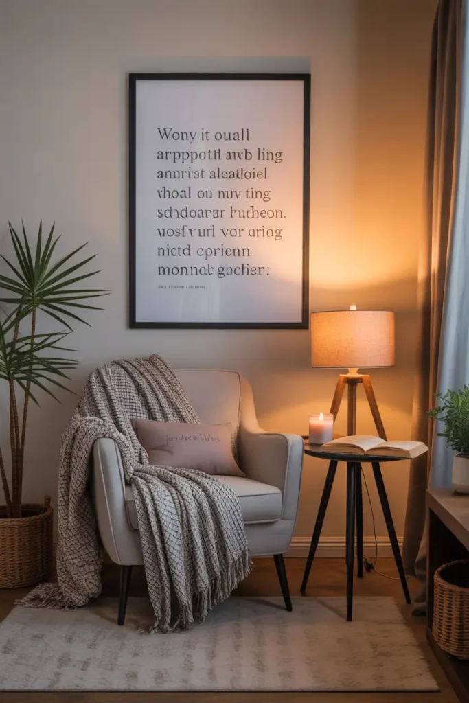 Pinterest style apartment reading corner with framed inspirational quote print on soft neutral wall, cozy armchair with textured throw blanket, small side table with book and candle, warm lamp lighting creating peaceful evening atmosphere, inviting apartment decor with calm comforting mood.