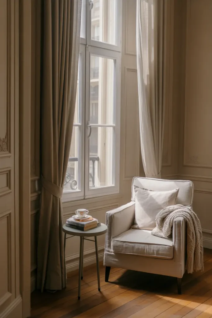 Tiny Parisian apartment window nook with soft linen armchair placed beside tall window, light cream curtains flowing gently, small round side table with books and teacup, pale oak flooring, vintage wall molding, warm afternoon sunlight filling the corner, soft knit throw blanket draped over chair, romantic feminine interior mood, realistic Pinterest style photography with natural textures and cozy atmosphere.