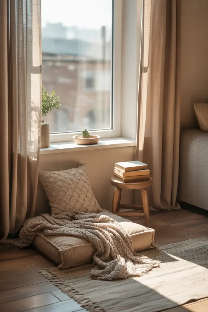 Tiny micro studio apartment window corner styled with soft floor cushion, warm knit throw blanket, stack of books beside small wooden stool, sheer curtains letting gentle sunlight enter room, neutral rug layered over wooden floor, relaxed reading nook atmosphere captured in Pinterest style apartment photography.