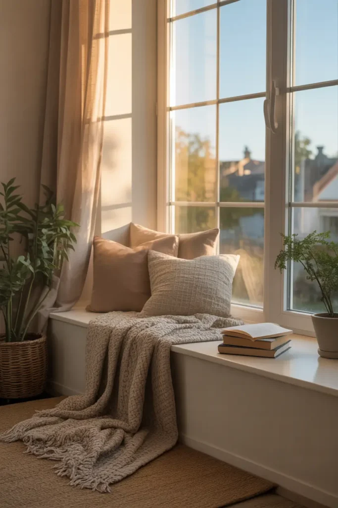 Pinterest-style apartment window seat with soft cushions, textured throw blankets, neutral tones, small stack of books nearby, warm sunlight streaming through large window, cozy peaceful reading nook with layered fabrics and calm relaxed interior styling.
