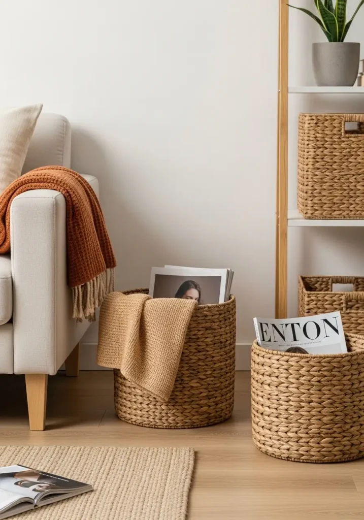 Cozy earthy apartment corner with woven baskets for storage, warm wooden flooring, linen sofa, textured knit throw blanket, potted plant near window, soft natural daylight, neutral earthy palette with beige, sand, and clay tones, Pinterest inspired cozy apartment styling with natural textures and relaxed decor.