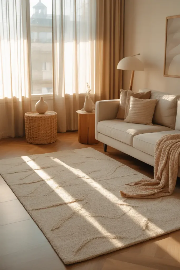 Bright cozy apartment living room with large cream textured rug, neutral sofa, warm wood side table, knitted blanket, soft golden sunlight entering through sheer curtains, calm warm aesthetic interior with cozy layered textures and inviting relaxed mood.