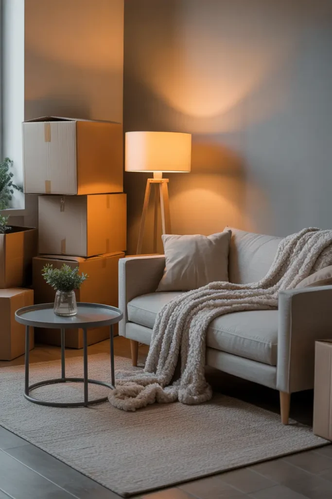Cozy Pinterest inspired living room corner with soft sofa, fluffy throw blanket, small round coffee table, warm lamp glow, cardboard boxes stacked nearby showing move in progress, neutral textures and calming colors, realistic apartment interior photography capturing relaxed welcoming atmosphere.