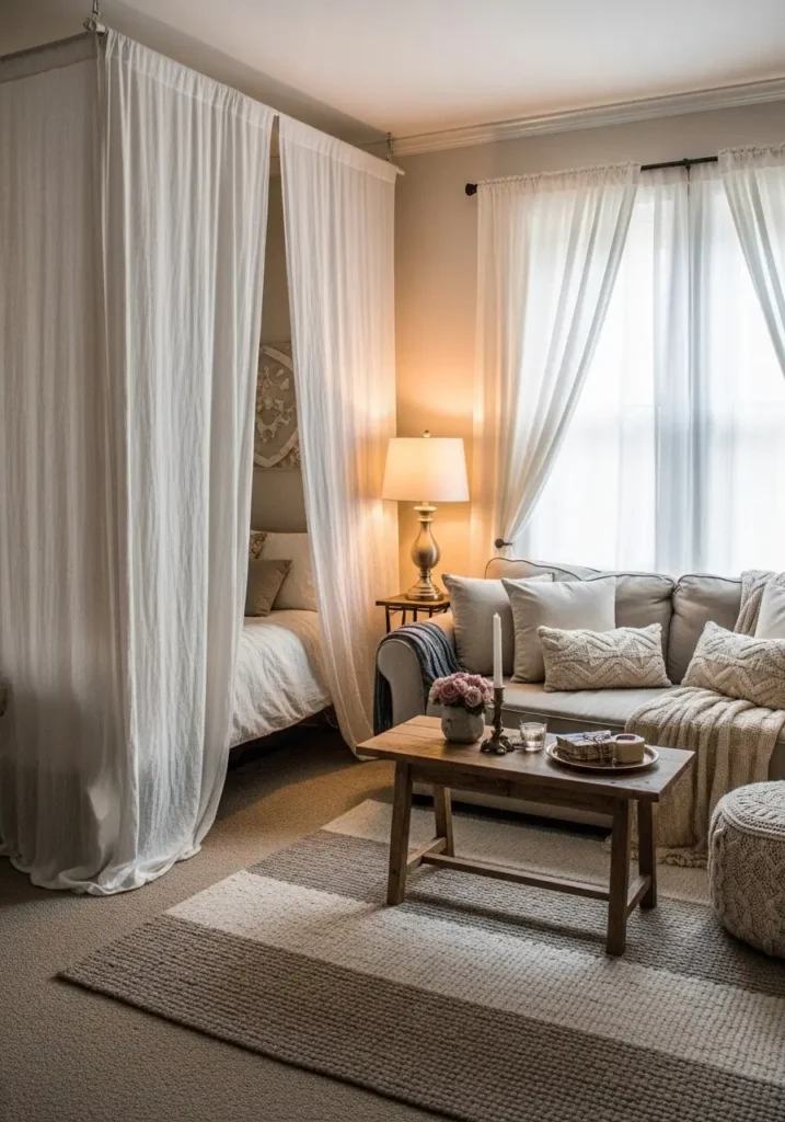 Soft romantic studio apartment with canopy bed and light linen curtains creating divider from living space, flowing white fabric around bed frame, cozy neutral sofa across the room, layered textured rug, small wood coffee table, warm lamp glow, natural daylight through sheer window curtains, Pinterest inspired feminine apartment styling with dreamy cozy atmosphere.

