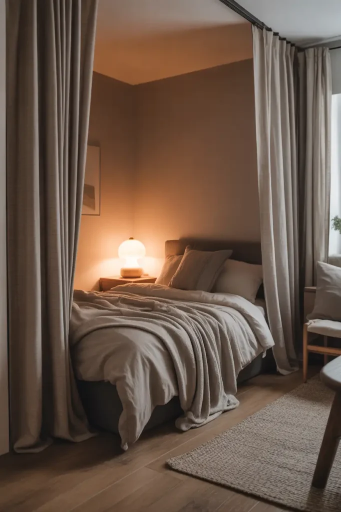 Small loft apartment interior with soft curtain divider separating sleeping corner from living area, light linen curtains, cozy bed with layered blankets and pillows, warm wood floors, neutral color palette, soft glowing lamp light, minimal furniture, calm relaxing atmosphere, Pinterest style tiny apartment photography with gentle textures and dreamy lighting.