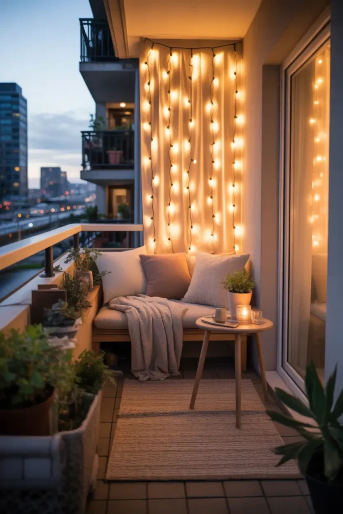  small apartment balcony with warm curtain lights hanging as a glowing backdrop on one wall, compact bench with beige cushions, soft throw blanket, small wood side table, potted plants, textured outdoor rug, cozy feminine styling, realistic city apartment setting, warm layered lighting, intimate evening atmosphere, soft shadows, elegant but simple decor, comfortable balcony nook with relaxed modern home feeling
