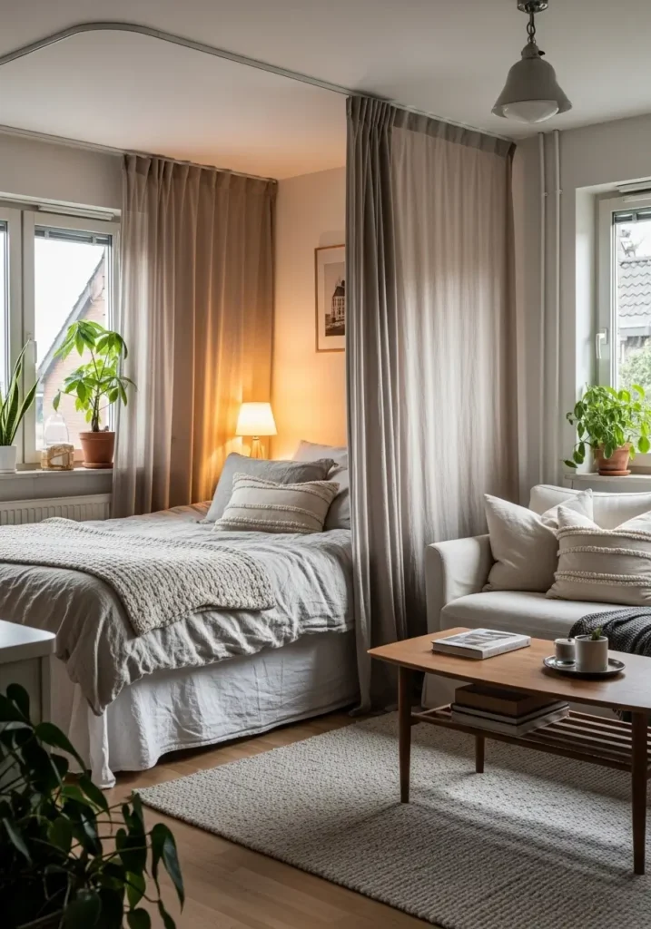 Soft studio apartment with ceiling mounted curtain rod creating divider between cozy bed corner and small lounge space, light beige curtains slightly pulled back, linen bedding with textured throw pillows, compact cream sofa, wooden coffee table, warm lamp glow, neutral rug, indoor plants near window, natural daylight mixing with soft evening lighting, Pinterest style apartment interior with layered fabrics and calm cozy atmosphere.