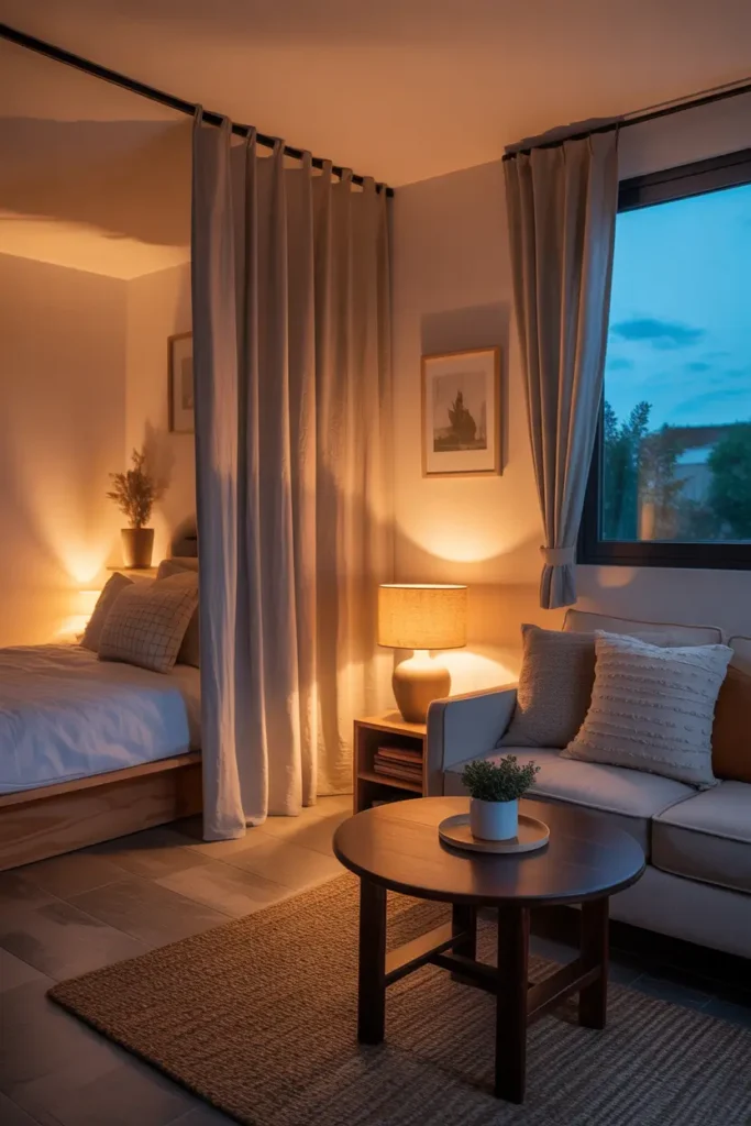 Tiny micro studio apartment using soft linen curtain divider between sleeping area and living space, warm neutral couch nearby with textured pillows, wooden coffee table on woven rug, cozy ambient lighting from table lamp, evening atmosphere with soft glow creating intimate apartment layout perfect for Pinterest interior photography.