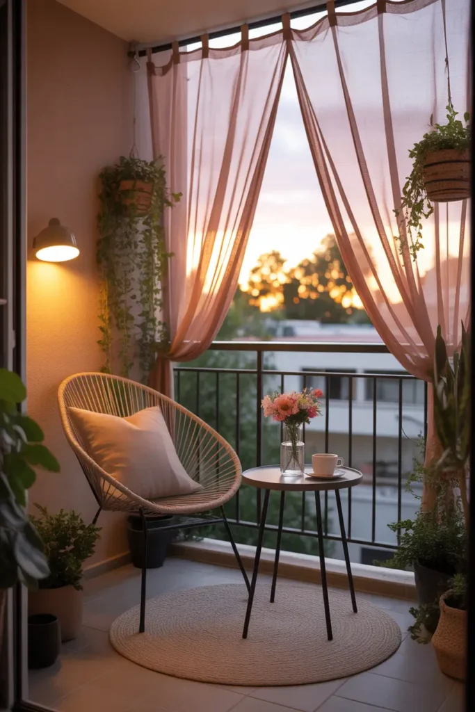 Pinterest-style apartment balcony with soft mesh curtain screens hanging from ceiling rod, warm sunset light glowing through light fabric texture, cozy chair with neutral cushion, small round table holding flower vase and coffee cup, potted plants surrounding space, dreamy balcony mood with warm lighting and soft shadows.