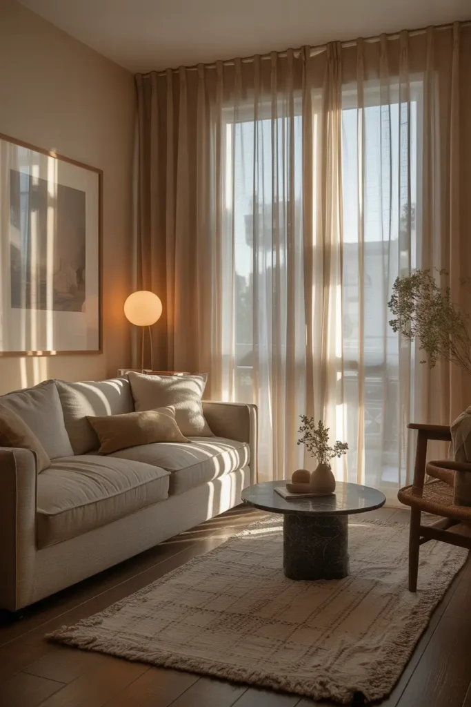 small apartment living room with floor length curtains hung near ceiling, sheer fabric glowing with daylight, neutral sofa, layered textures, cozy rug, minimal decor styling, warm airy atmosphere, realistic interior photography showing vertical emphasis and elegant small-space design with soft natural lighting.