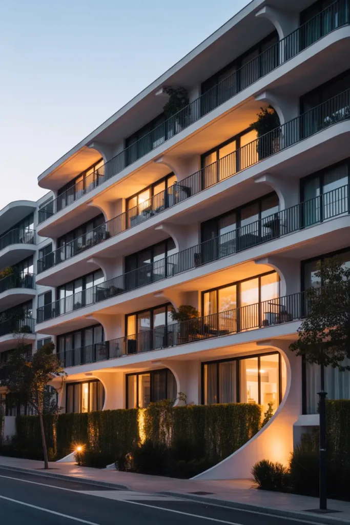  Modern apartment building featuring gently curved balconies with smooth railings, soft white exterior walls, warm evening lighting glowing from inside apartments, elegant architecture photographed in Pinterest style, peaceful city street below with trees and subtle urban atmosphere.
