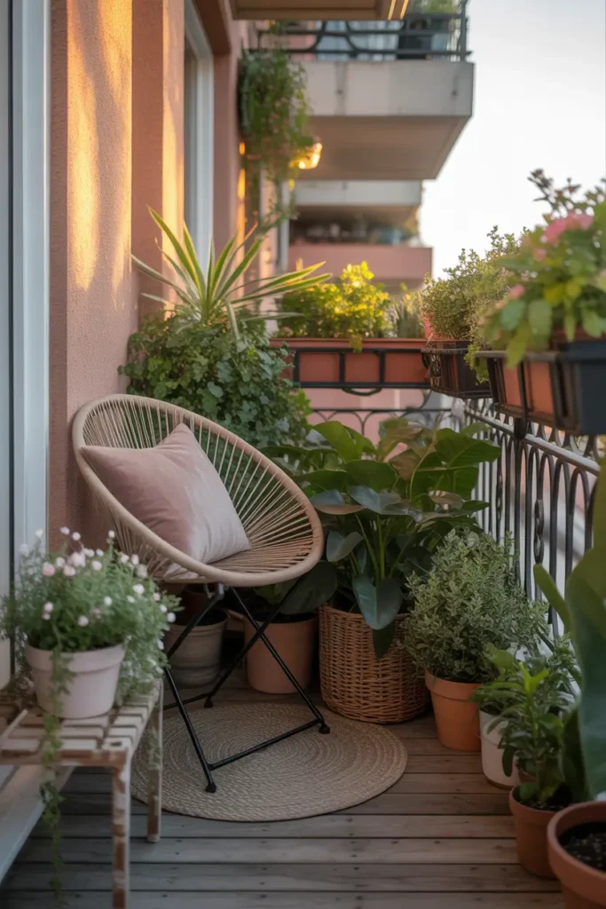 Small apartment balcony styled with cozy plant corner, mix of terracotta pots and woven baskets filled with leafy green plants and small flowers, warm sunset light glowing across wooden decking, tiny bistro chair with soft cushion, relaxed Pinterest style balcony garden scene, layered textures, calm urban outdoor atmosphere full of greenery.