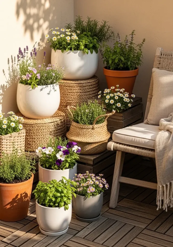 Small apartment patio corner styled with mixed ceramic, terracotta, and woven basket planters filled with herbs and flowers, warm sunlight across wooden decking, cozy outdoor chair with soft blanket, layered natural textures, calm neutral color palette, relaxed feminine patio styling perfect