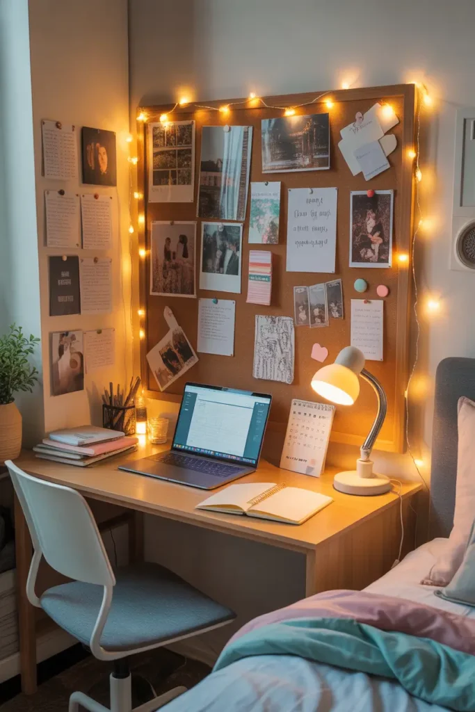 Dorm study desk against wall with cork board filled with photos, postcards and notes, warm desk lamp glowing, laptop and planner on desk surface, cozy bedding nearby with pastel colors, fairy lights softly framing the board creating warm Pinterest style dorm study corner with personal and relaxing atmosphere.