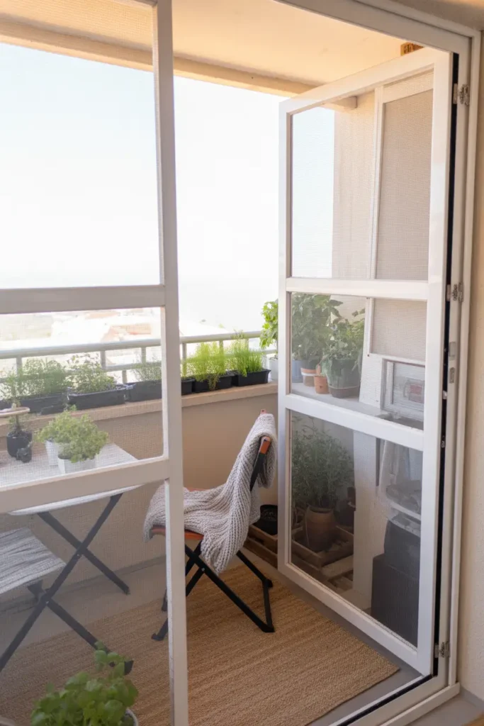 Cozy apartment balcony with white PVC frame screen enclosure, mesh screens stretched neatly across simple pipe frame, light outdoor rug on floor, small folding chair with knitted throw, potted herbs along balcony railing, bright natural daylight filling the balcony, simple clean Pinterest-style apartment balcony setting.