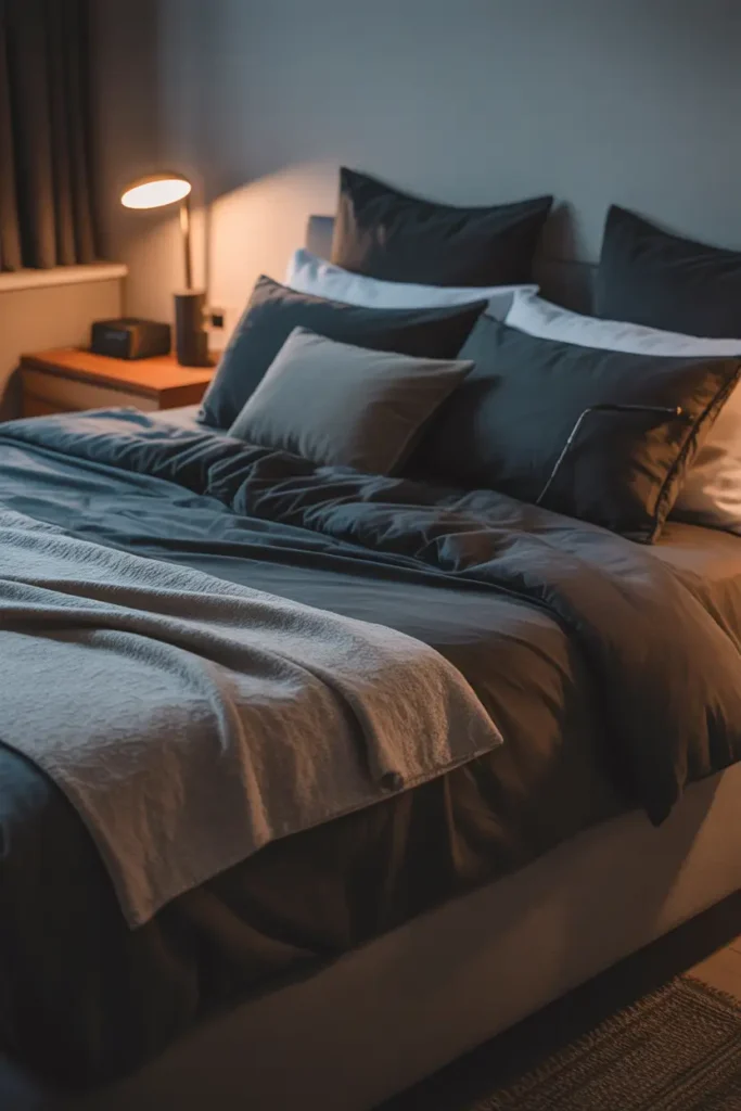 modern bedroom with dark charcoal bedding, layered pillows, soft textured duvet, warm bedside lighting, minimal decor, wooden nightstand, cozy masculine apartment aesthetic, evening lighting atmosphere, realistic interior photography style, calm relaxing mood, balanced shadows and warm tones creating hotel inspired comfort within modern apartment setting.