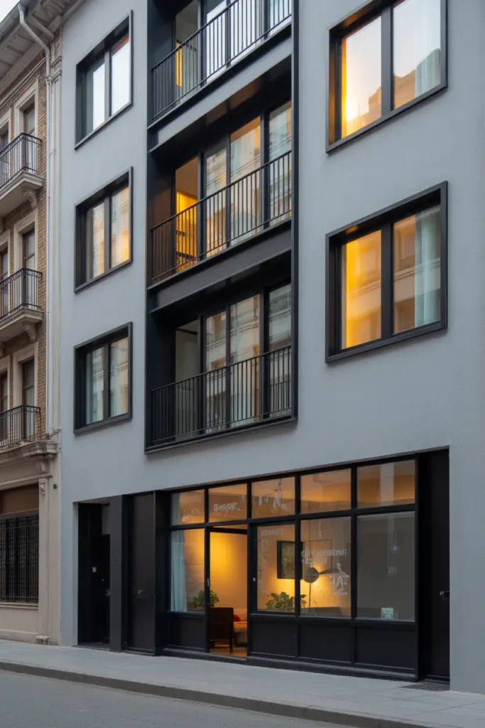 Contemporary apartment exterior with bold black window frames and balcony railings, smooth light grey exterior walls, warm interior lighting glowing through large windows, sleek urban architecture photographed during sunset, cozy city street atmosphere with subtle reflections on glass surfaces, Pinterest style realistic photography highlighting modern contrast.