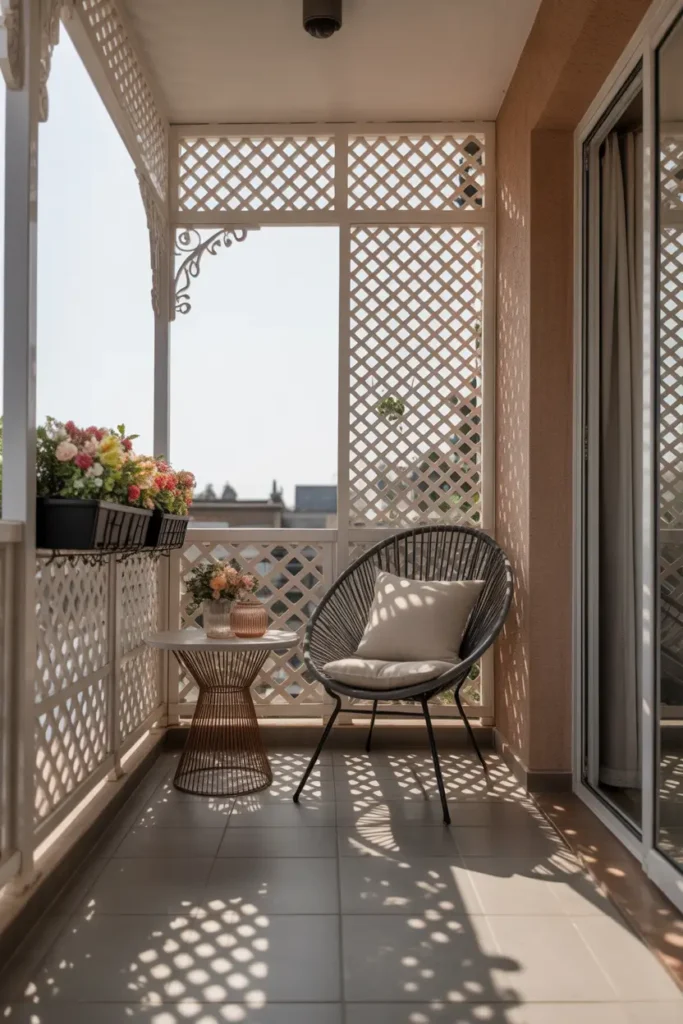 Charming apartment balcony styled with decorative lattice screen panels around railing, white lattice patterns casting beautiful shadow designs on floor, cozy chair with soft cushion, small round table with flowers, bright morning sunlight creating warm Pinterest-style balcony atmosphere.