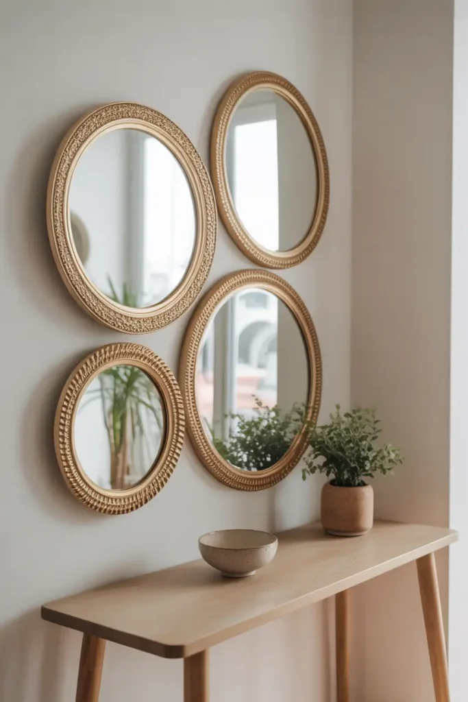 Bright Pinterest style apartment hallway with decorative mirror arrangement on soft white wall, mix of round mirrors with thin gold frames, natural daylight reflecting through mirrors, light wooden console table beneath mirrors, small plant and ceramic bowl on table, cozy apartment styling with airy elegant atmosphere.