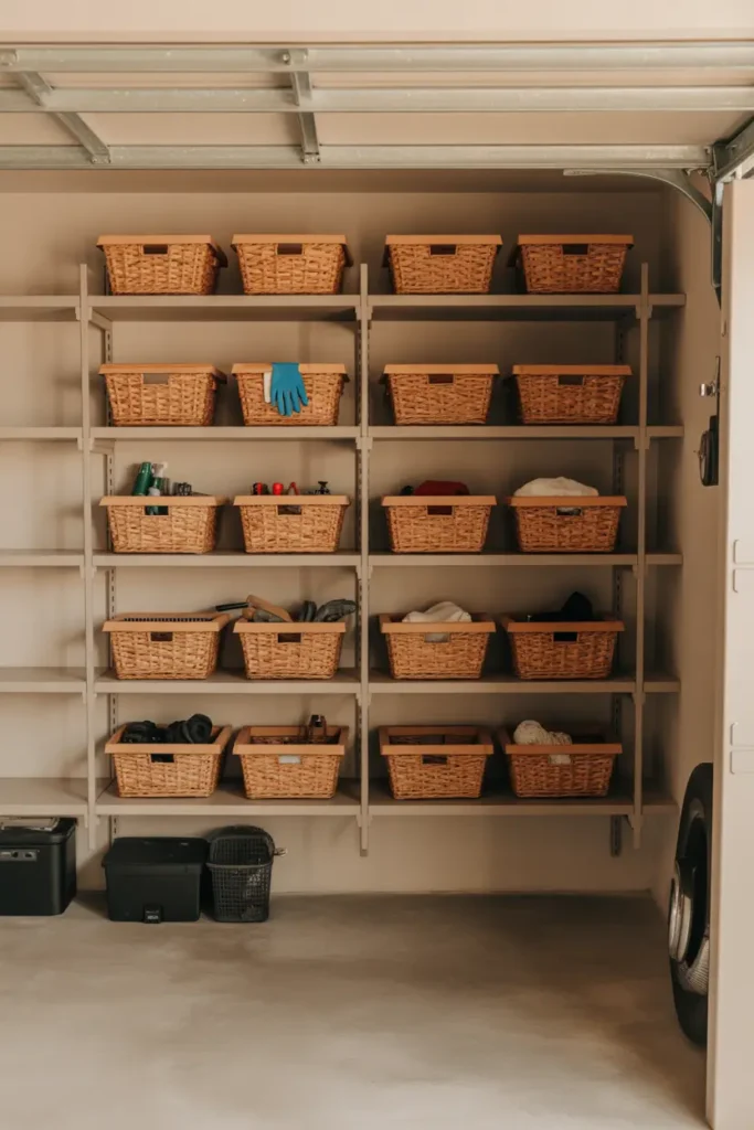 Stylish apartment garage shelves filled with woven decorative baskets storing gloves, cleaning cloths, and small gear, soft warm lighting, neutral wall tones, tidy concrete flooring, Pinterest style organized garage with cozy texture and calm minimal aesthetic.
