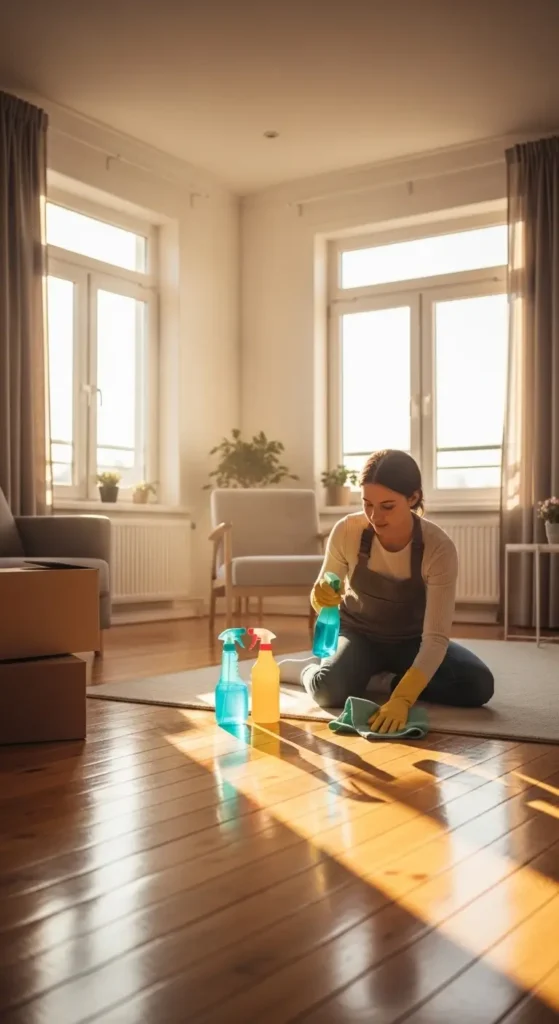 Bright cozy apartment interior scene showing a young woman cleaning an empty living room before unpacking, sunlight coming through large windows, wooden floor reflecting warm light, cleaning supplies like spray bottles and cloth on the floor, cardboard boxes stacked nearby, minimal furniture, soft neutral tones, Pinterest style home interior photography, realistic textures, calm, welcoming atmosphere.