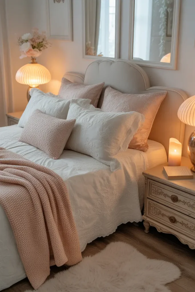 Dreamy feminine bedroom with textured lace bedding details, layered pillows in cream and blush tones, soft knitted throw blanket, warm lamp lighting beside bed, vintage inspired nightstand with candle and book, fluffy rug under bed, Pinterest style bedroom interior with romantic textures and calm feminine atmosphere.