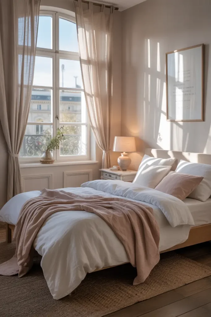Small Paris bedroom with linen bedding, soft white duvet, blush pillows, light wooden bed frame, vintage bedside table with lamp, tall window with flowing curtains, morning sunlight, cozy layered textures, neutral palette, delicate feminine styling, small apartment bedroom aesthetic, Pinterest style interior scene.