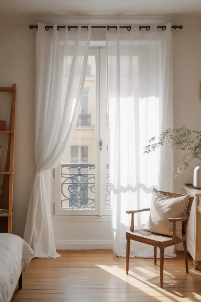 Parisian apartment window with long sheer white curtains flowing softly in sunlight, light wooden floors, small armchair nearby with linen cushion, romantic airy interior atmosphere, delicate feminine styling captured in bright Pinterest interior photography.
