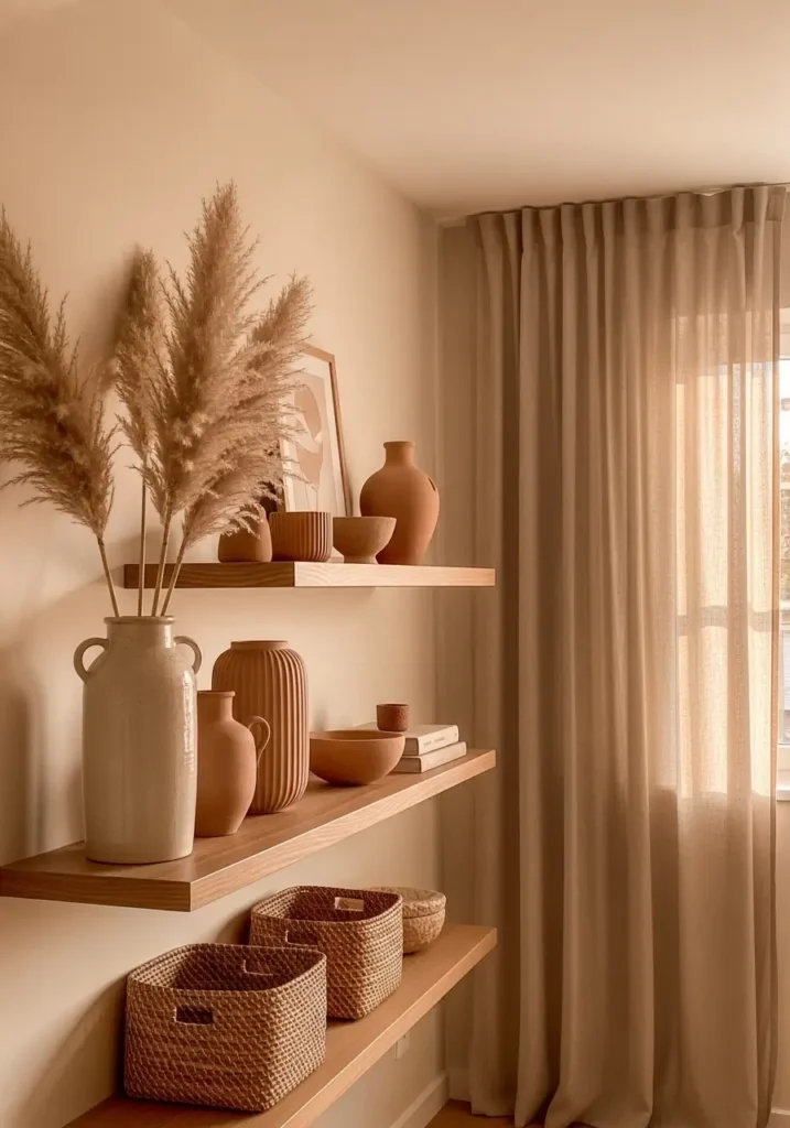 Earthy apartment shelf styling with dried pampas grass in tall ceramic vase, wooden floating shelves, clay pottery, linen curtains glowing with sunlight, warm beige wall tones, woven basket decor, calm Pinterest inspired apartment aesthetic with natural textures and soft earthy palette.
