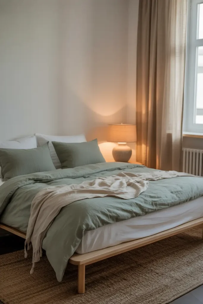 Minimal apartment bedroom with dusty green bedding, white walls, light wood furniture, simple bedside table with ceramic lamp, natural linen curtains, soft rug, warm afternoon light filling room, peaceful feminine minimalist bedroom aesthetic.