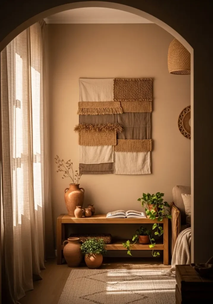 Earthy apartment wall with textured wall art made from woven fibers and neutral fabric panels, warm beige wall tones, wooden console table underneath, clay pottery and small plants decorating surface, soft sunlight entering through linen curtains, cozy Pinterest style apartment interior with warm natural textures and calm earthy palette.
