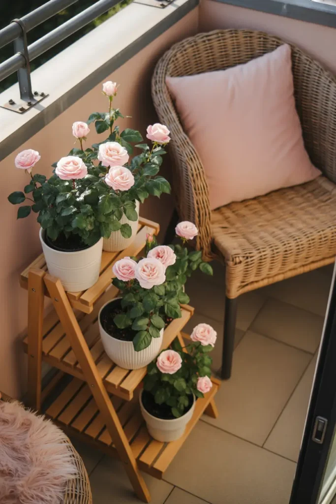 Romantic apartment balcony with miniature rose plants blooming in soft blush pink placed in white ceramic pots on small wooden plant ladder, cozy wicker chair with plush linen cushion nearby, golden sunset light washing across balcony floor, delicate rose petals glowing softly, layered textures creating feminine Pinterest style balcony relaxation space.