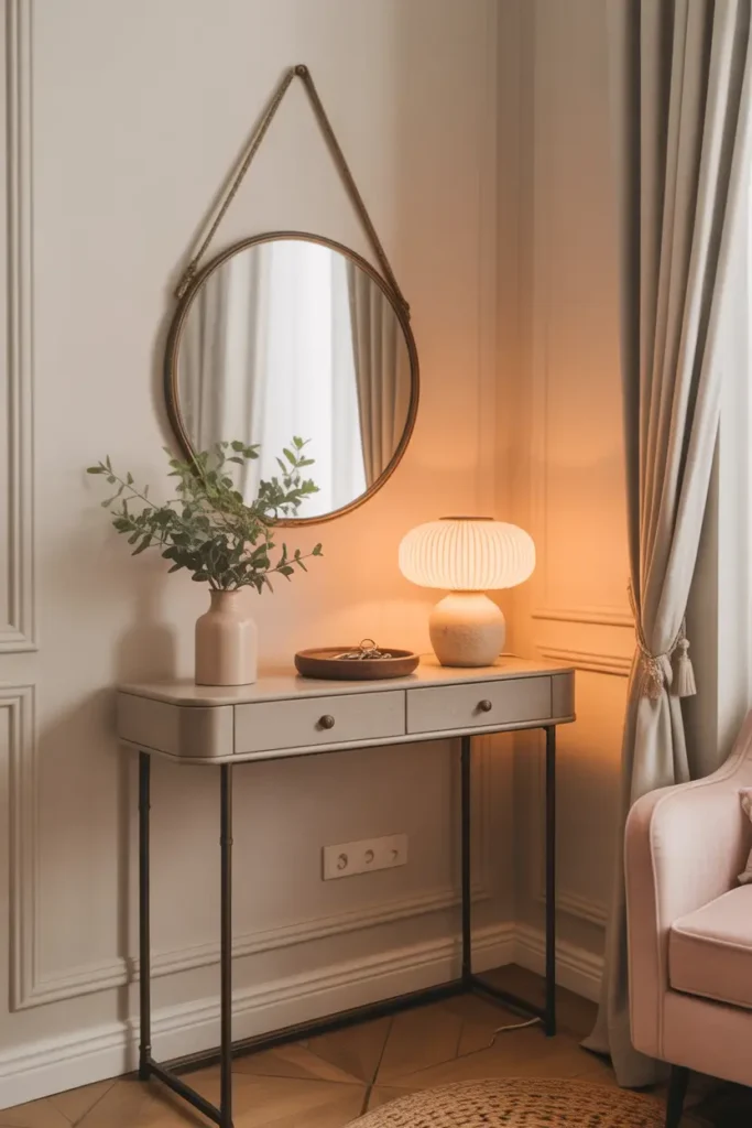 Small Parisian apartment entryway corner with slim console table, round vintage mirror above it, small ceramic tray for keys, delicate table lamp with warm glow, pale neutral walls with molding, cozy feminine Paris apartment interior captured in Pinterest style photography.