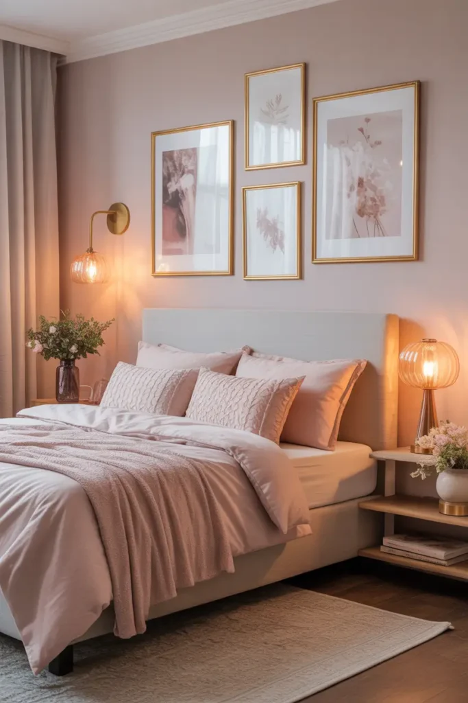 Dreamy feminine apartment bedroom wall decorated with elegant gold framed art prints, blush bedding with textured pillows below, warm bedside lamp casting soft glow, small vase with fresh flowers on nightstand, neutral rug under bed, Pinterest aesthetic bedroom interior with soft pastel tones and romantic feminine decor styling.