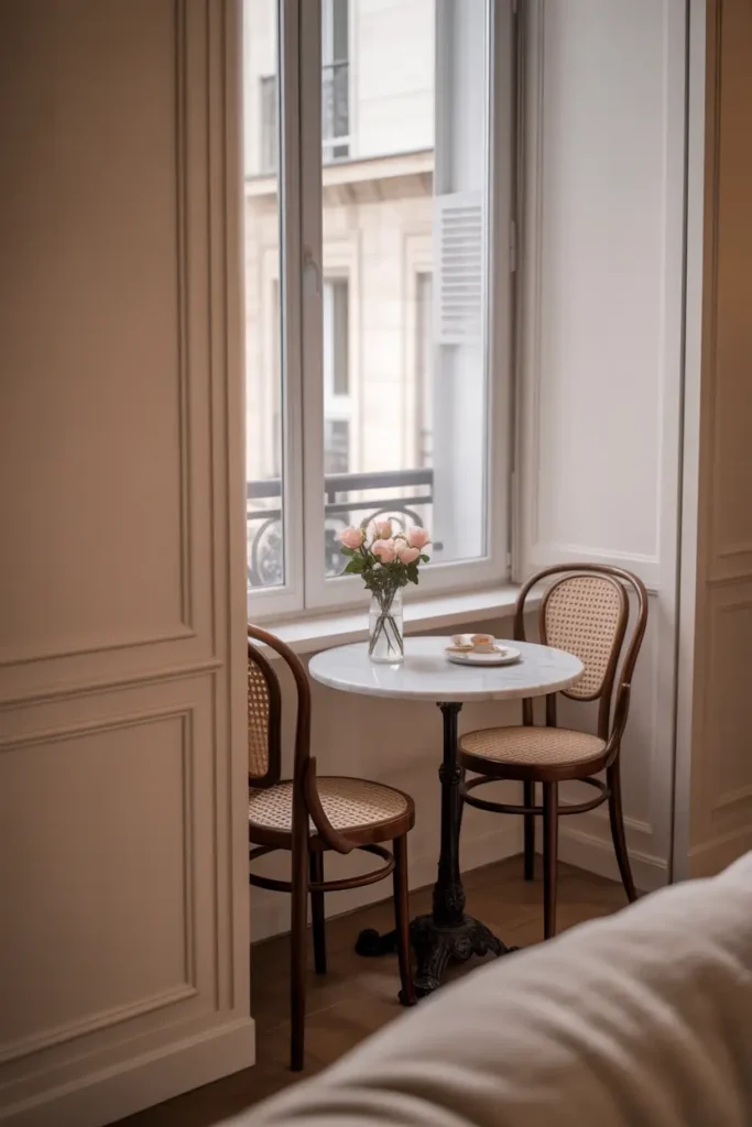 Tiny Paris apartment dining nook beside window, round marble cafe table, two classic bentwood chairs, small vase with roses, soft daylight, cream walls with subtle molding, cozy corner dining setup, natural light glowing through sheer curtains, charming feminine Paris apartment aesthetic, Pinterest interior photography.