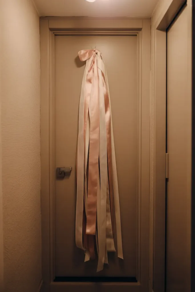 apartment hallway featuring a neutral apartment door decorated with an elegant ribbon hanging made from soft satin and linen ribbons in blush and cream tones. Warm ambient lighting, cozy corridor atmosphere, soft shadows on textured walls, feminine minimalist styling, realistic materials, inviting residential mood with gentle natural light balance.