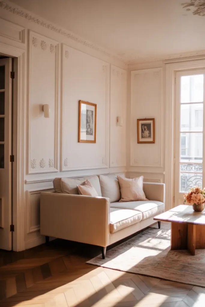 Tiny Parisian apartment living room with delicate wall molding panels painted in soft ivory, light linen sofa, vintage framed artwork, warm wooden coffee table, natural sunlight through tall windows, cozy rug layered on light oak floor, romantic feminine Paris apartment interior captured in soft Pinterest style photography.