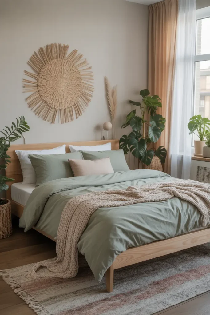  Calm apartment bedroom with eucalyptus green bedding, pale wood bed frame, woven basket decor, sheer curtains with natural daylight, cozy knit blanket, indoor plant near window, soft rug and feminine peaceful bedroom atmosphere perfect for Pinterest inspiration.