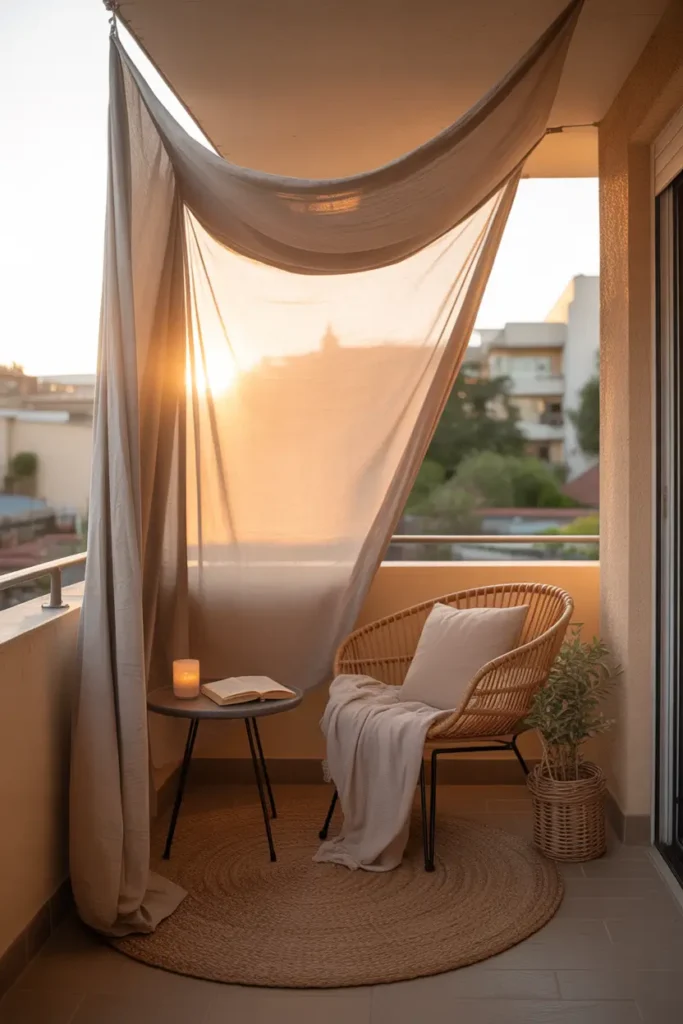 Apartment balcony with soft fabric canopy draped above and partly down one side, warm sunlight filtering through light beige fabric, cozy rattan chair with soft pillows, small round table with book and candle, woven rug under seating, dreamy Pinterest balcony scene with calm relaxing atmosphere.