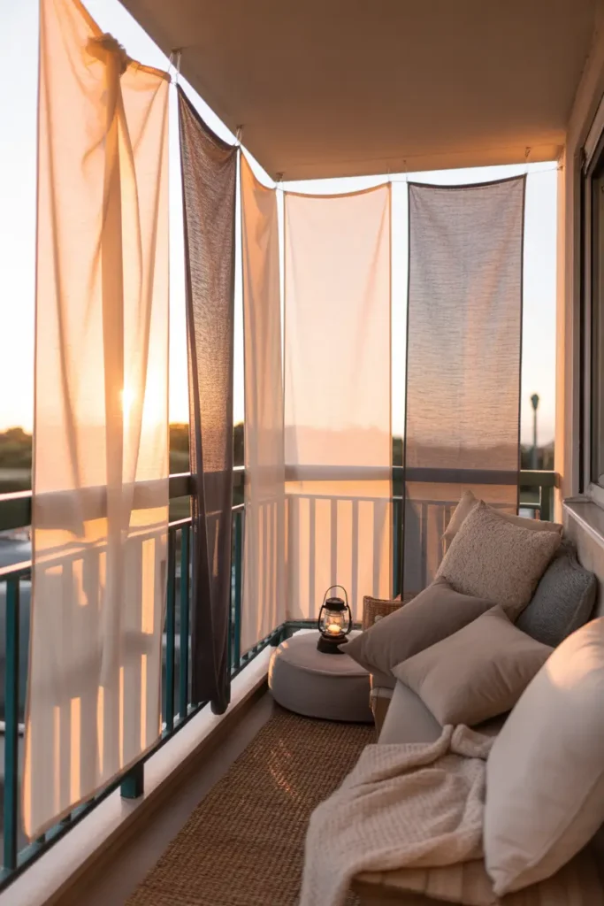 apartment balcony with layered neutral fabric panels hanging vertically along railing, soft golden sunlight glowing through textiles, cozy seating with plush cushions, woven floor mat, small lantern on table, warm feminine atmosphere, lifestyle photography angle, airy textures, relaxed balcony retreat styling, gentle shadows, inviting calm outdoor living aesthetic.