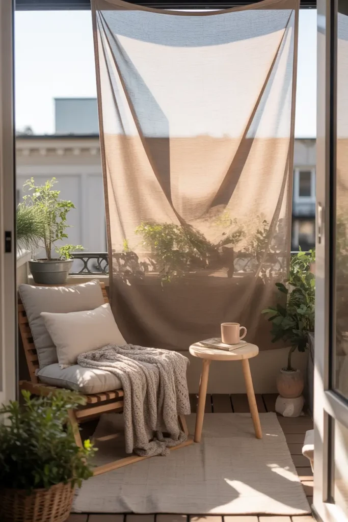 apartment balcony with soft fabric shade panel in warm oatmeal tone, cushioned lounge chair, knit throw, tiny wood stool with coffee mug, pale outdoor rug, subtle potted greenery, bright filtered daylight, soft breeze moving the fabric, feminine cozy styling, light textures, clean apartment setting, gentle private atmosphere, tasteful realistic decor, layered natural materials, calm small-space balcony scene designed for comfort and quiet home moments