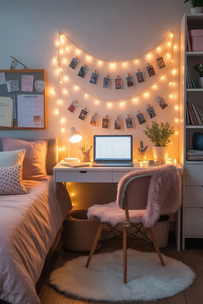 Dorm study desk placed against wall decorated with warm fairy lights hanging in gentle strands, small photos clipped along lights, laptop and planner on desk, cozy pastel bedding nearby, soft rug under chair, evening glow filling the room creating dreamy Pinterest style dorm study corner with warm relaxing atmosphere.