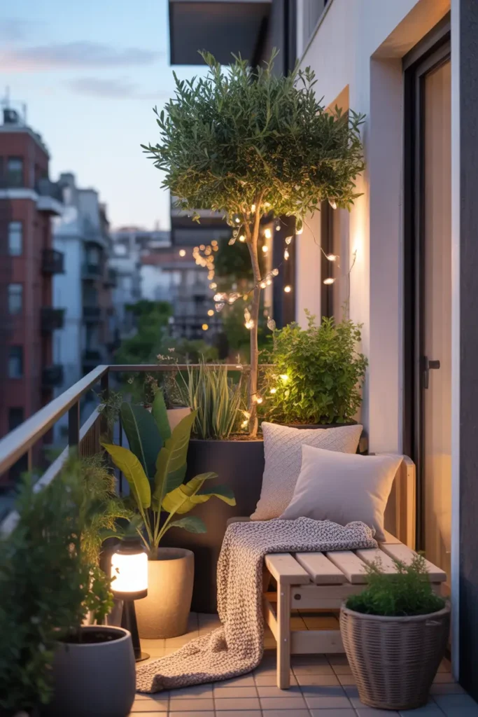 small apartment balcony with fairy lights woven gently through potted olive tree and leafy green plants, warm soft glow, compact wooden bench with neutral cushions, textured knit throw, ceramic planters, narrow balcony layout, evening city backdrop, layered cozy lighting, feminine relaxed styling, realistic home decor scene, soft shadows, clean but lived-in apartment atmosphere, intimate outdoor nook with natural textures and warm mood