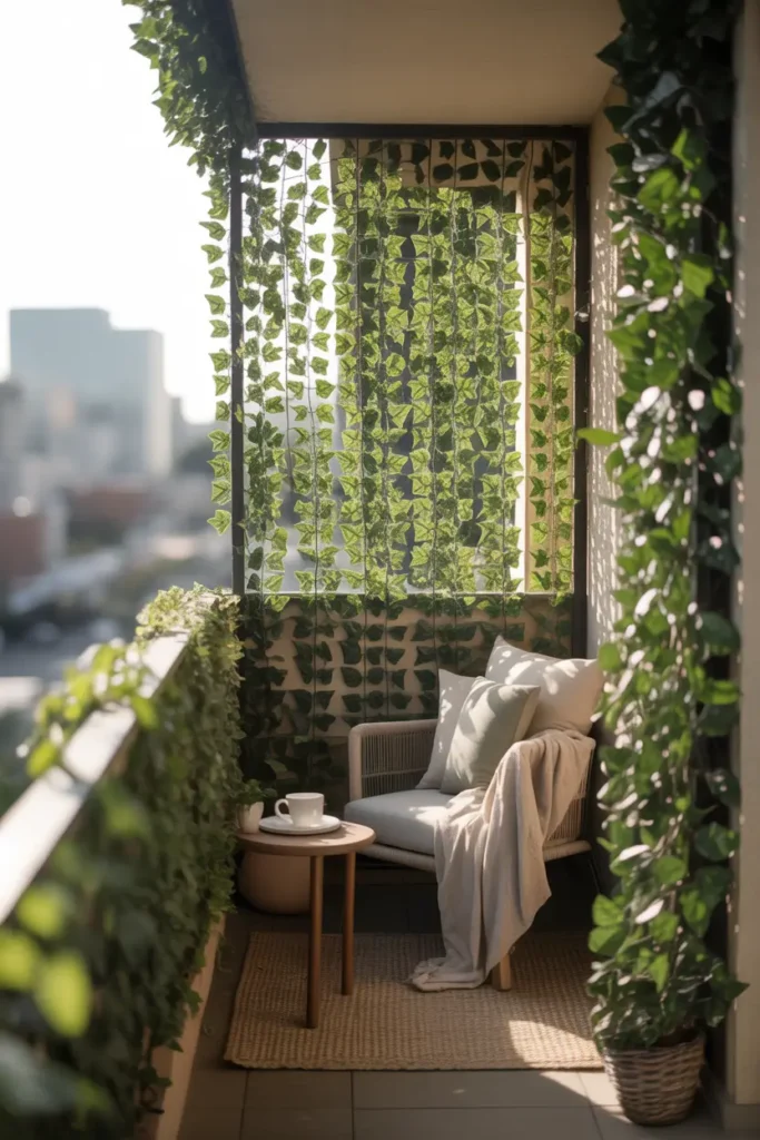  apartment balcony featuring dense faux ivy privacy panels attached to railing, soft natural daylight filtering through layered green leaves, cozy lounge chair with neutral cushions, woven outdoor rug, small wooden side table with tea cup, warm relaxed atmosphere, urban background softly blurred, lifestyle photography composition, lush textures, calming garden-inspired balcony aesthetic, airy natural lighting, feminine cozy styling.